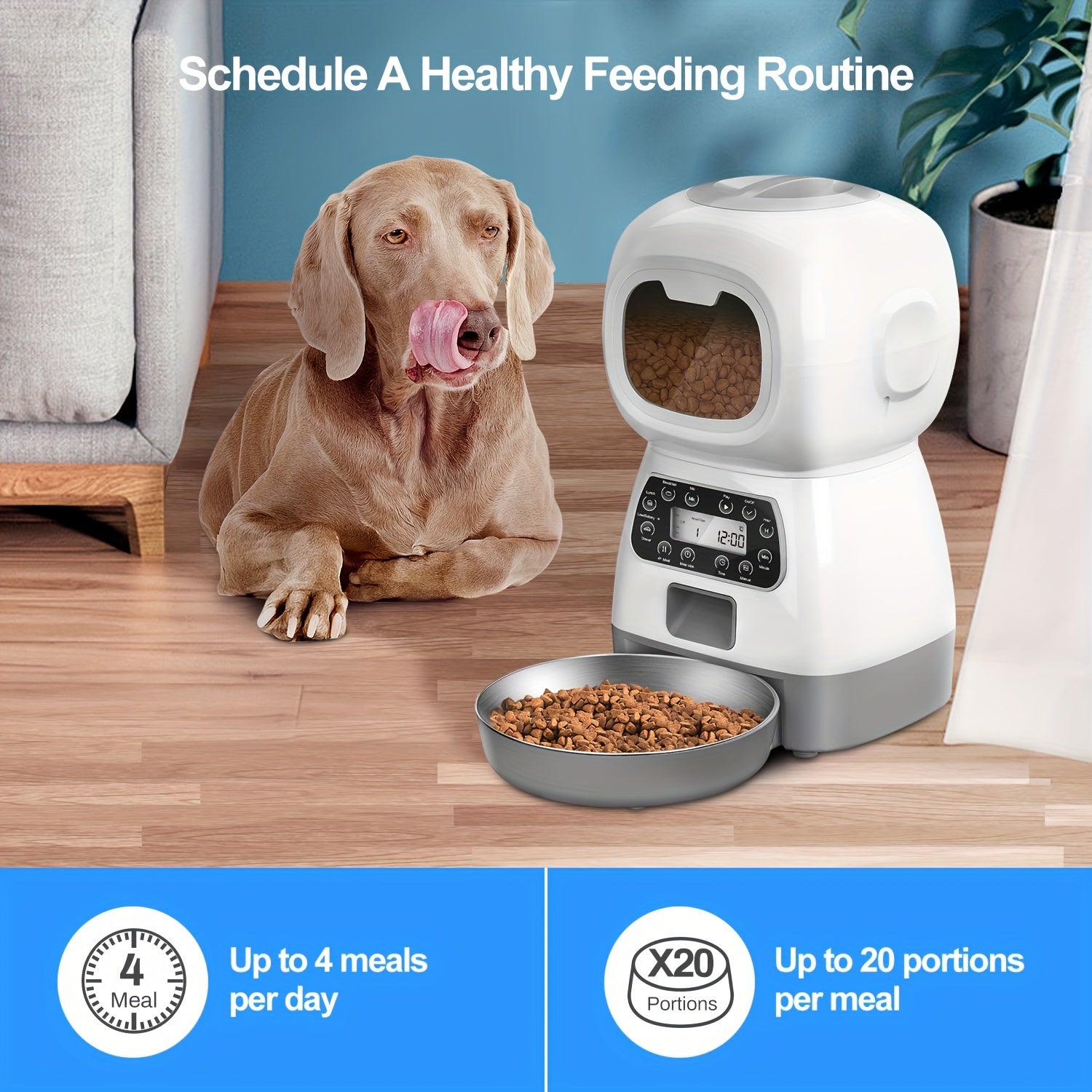 3.5L smart pet feeder, pet food dispenser button type, can feed 1-4 meals a day, has 10 seconds of voice recording, and develops healthy eating habits for pets