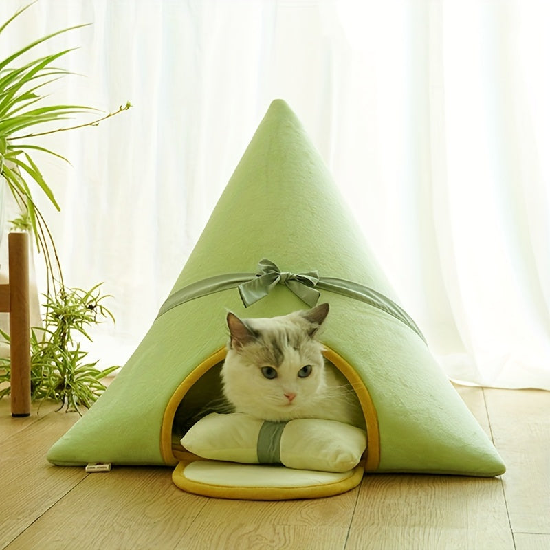 Triangular Cat House Bed with Pillow, Soft Polyester Fiber Pet Tent for Cats and Small Dogs, Non-Assembled Cozy Cat Cave Bed with Cushion - Comfortable Enclosed Sleeping Mat for Pets