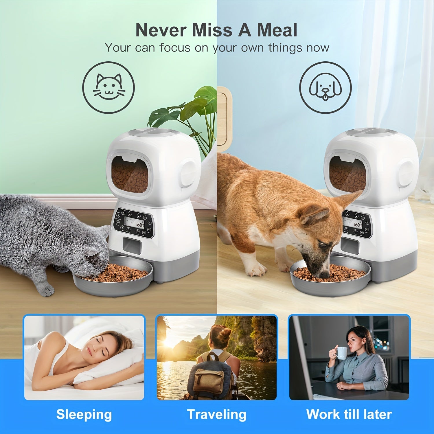 3.5L smart pet feeder, pet food dispenser button type, can feed 1-4 meals a day, has 10 seconds of voice recording, and develops healthy eating habits for pets