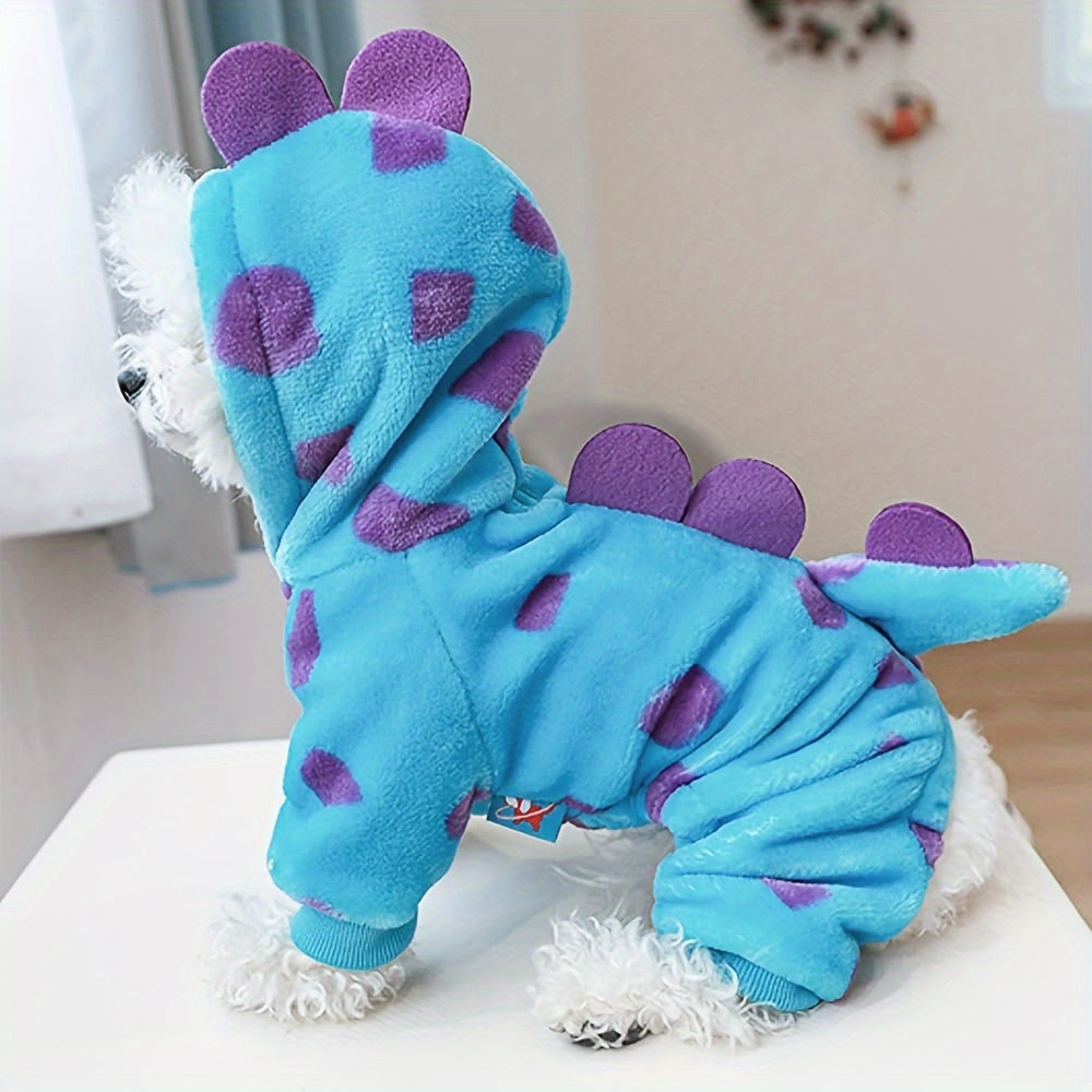 Pet Costume, Dinosaur Tail & Wing Halloween Outfit, Cats Blue Plush Cozy Hoodie with Purple Polka Dots, Snaps & Leash Holes, Hand Wash Only, Polyester, for Small to Medium Pets, Knit Fabric