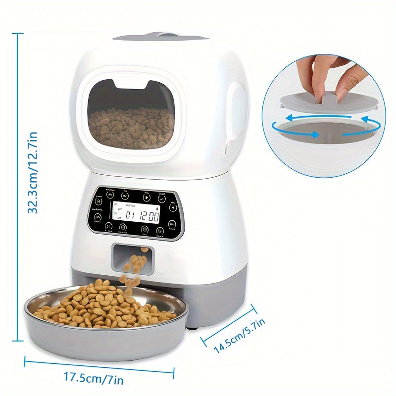 3.5L smart pet feeder, pet food dispenser button type, can feed 1-4 meals a day, has 10 seconds of voice recording, and develops healthy eating habits for pets