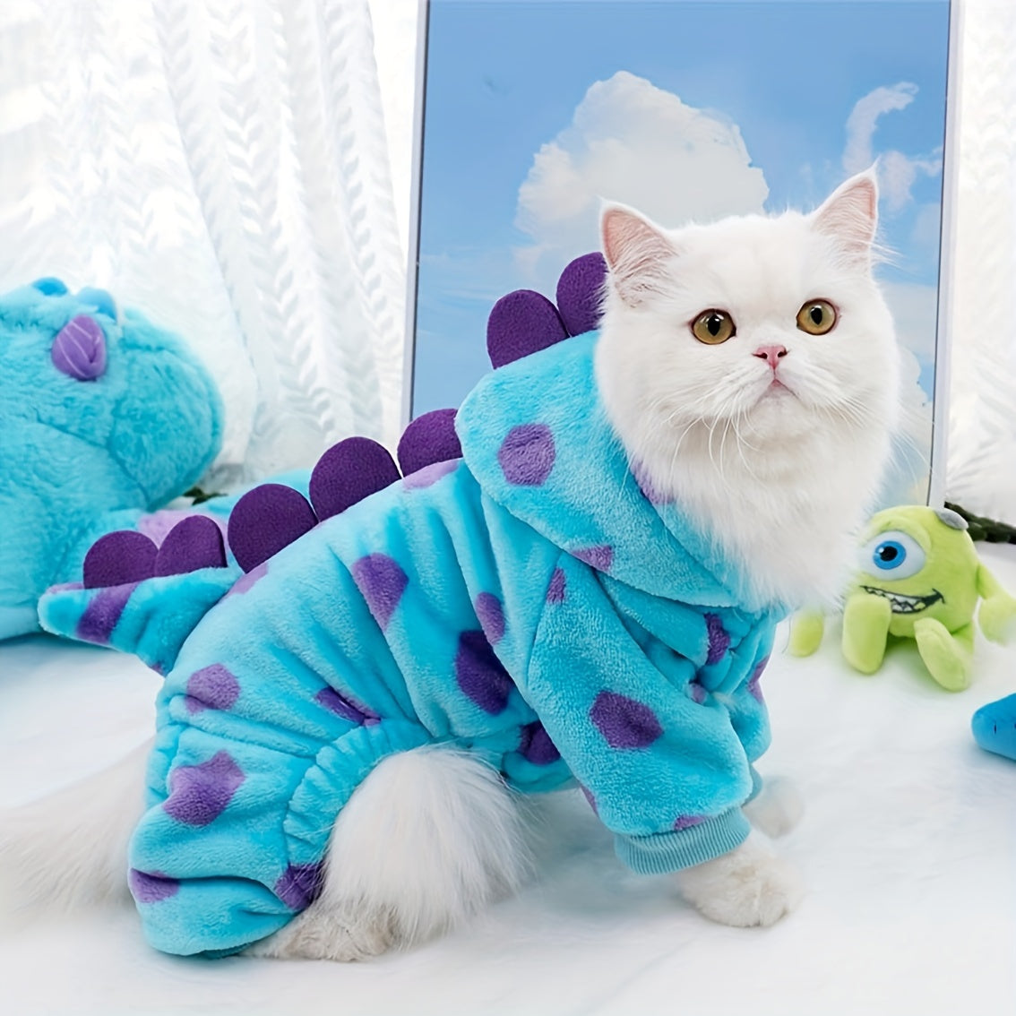 Pet Costume, Dinosaur Tail & Wing Halloween Outfit, Cats Blue Plush Cozy Hoodie with Purple Polka Dots, Snaps & Leash Holes, Hand Wash Only, Polyester, for Small to Medium Pets, Knit Fabric