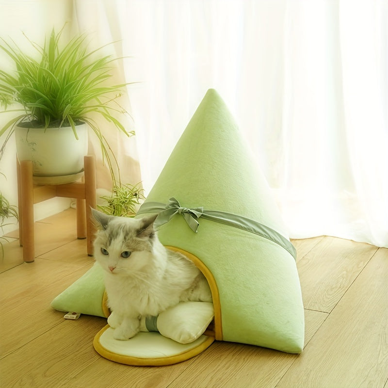 Triangular Cat House Bed with Pillow, Soft Polyester Fiber Pet Tent for Cats and Small Dogs, Non-Assembled Cozy Cat Cave Bed with Cushion - Comfortable Enclosed Sleeping Mat for Pets