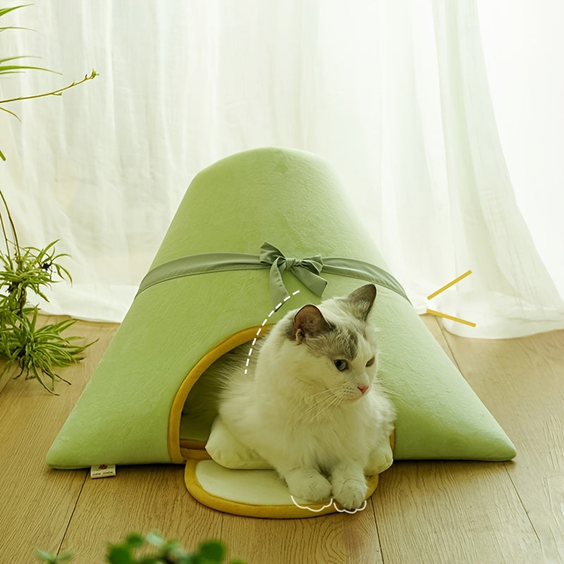 Triangular Cat House Bed with Pillow, Soft Polyester Fiber Pet Tent for Cats and Small Dogs, Non-Assembled Cozy Cat Cave Bed with Cushion - Comfortable Enclosed Sleeping Mat for Pets