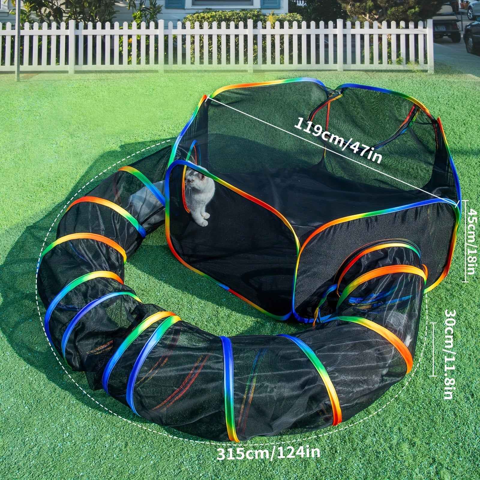 Colorful Outdoor Cat Playground Enclosure - Durable Polyester Portable Tent & Circle Playpen with Rainbow Fence, Ideal for Indoor/Outdoor Cats & Small Pets, Includes Storage Bag, Outdoor Cat Enclosure