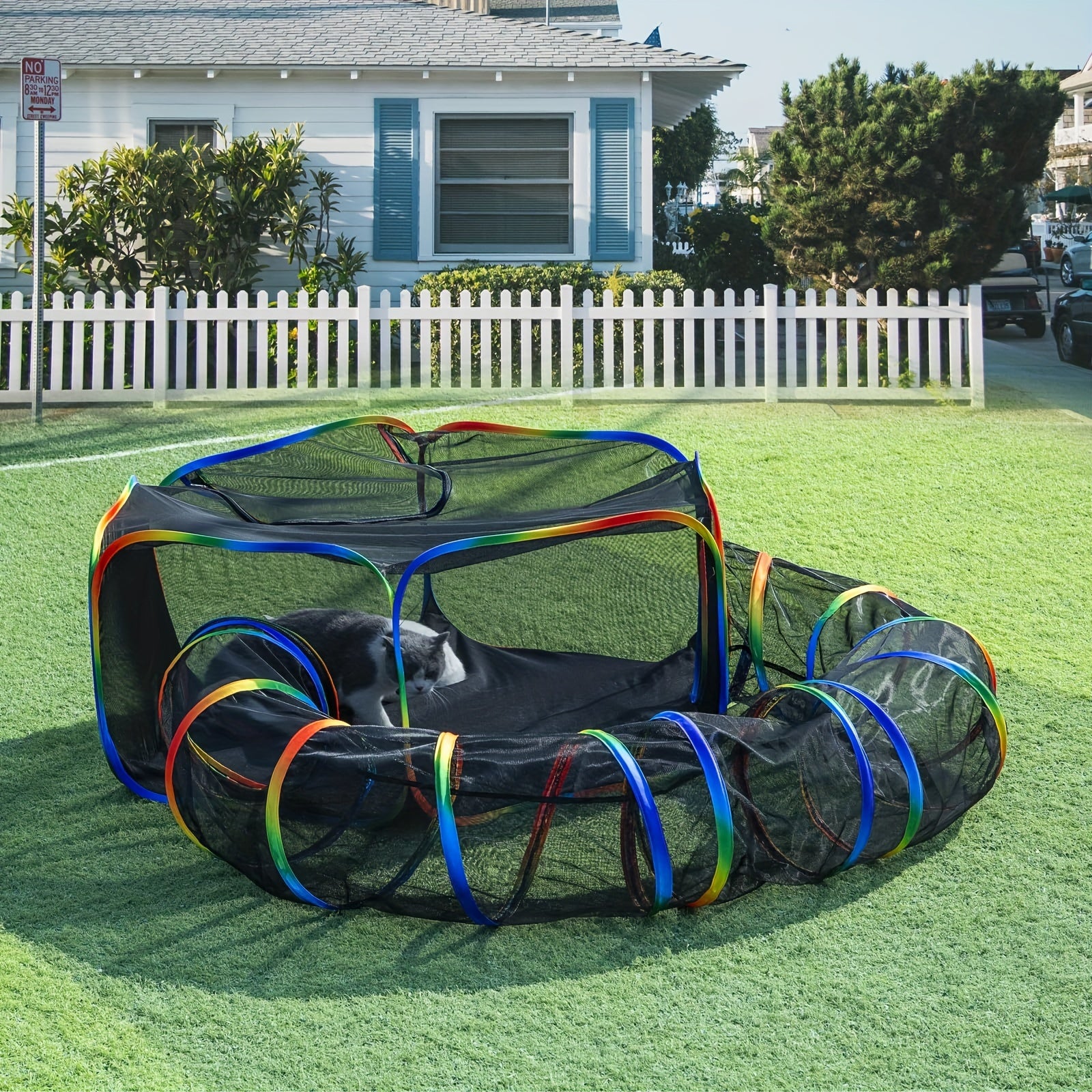 Colorful Outdoor Cat Playground Enclosure - Durable Polyester Portable Tent & Circle Playpen with Rainbow Fence, Ideal for Indoor/Outdoor Cats & Small Pets, Includes Storage Bag, Outdoor Cat Enclosure