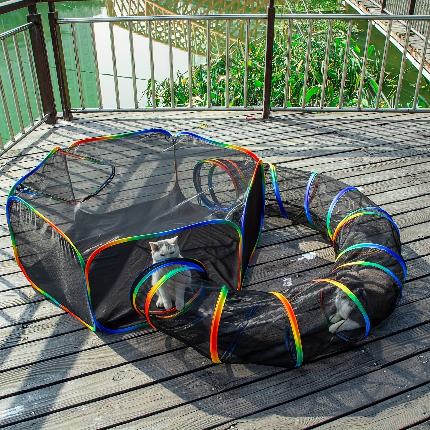 Colorful Outdoor Cat Playground Enclosure - Durable Polyester Portable Tent & Circle Playpen with Rainbow Fence, Ideal for Indoor/Outdoor Cats & Small Pets, Includes Storage Bag, Outdoor Cat Enclosure