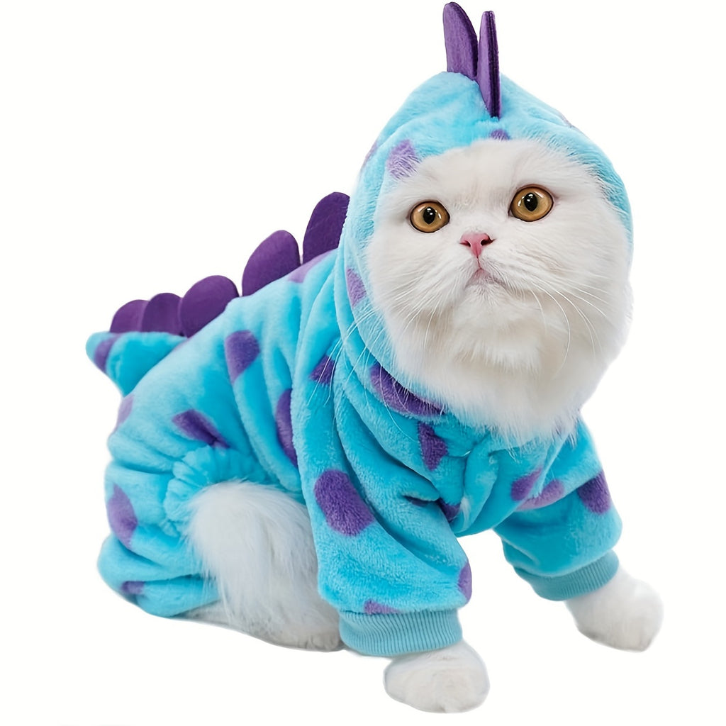 Pet Costume, Dinosaur Tail & Wing Halloween Outfit, Cats Blue Plush Cozy Hoodie with Purple Polka Dots, Snaps & Leash Holes, Hand Wash Only, Polyester, for Small to Medium Pets, Knit Fabric