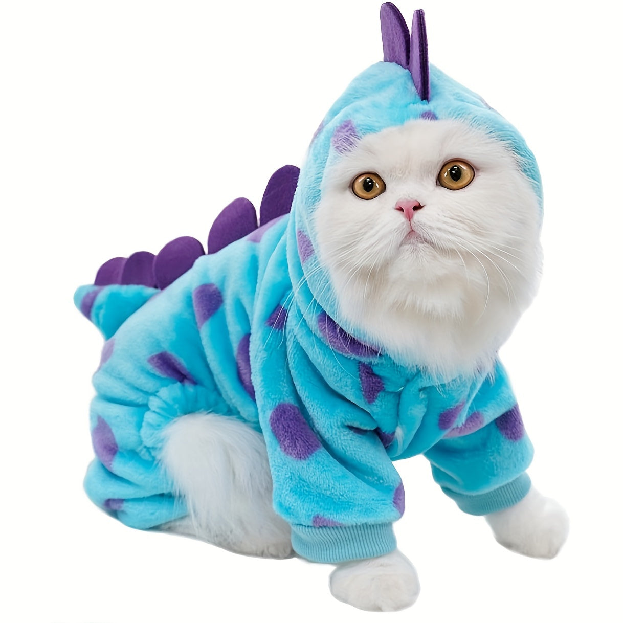 Pet Costume, Dinosaur Tail & Wing Halloween Outfit, Cats Blue Plush Cozy Hoodie with Purple Polka Dots, Snaps & Leash Holes, Hand Wash Only, Polyester, for Small to Medium Pets, Knit Fabric