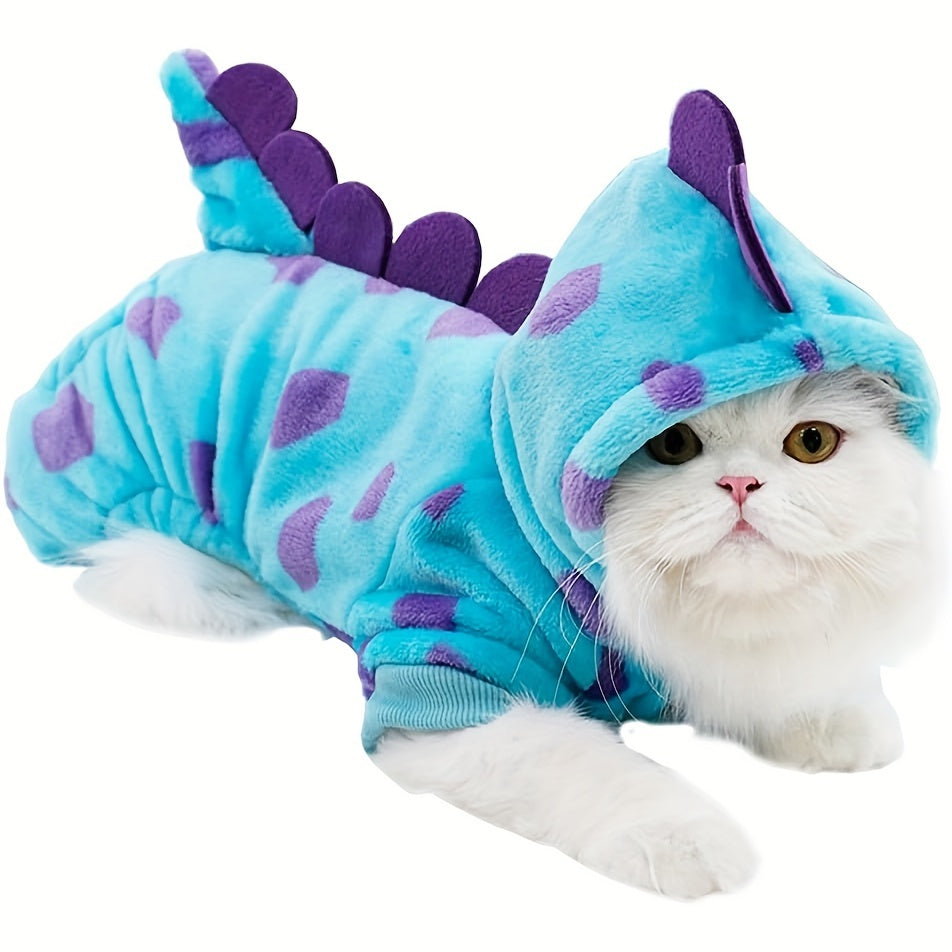 Pet Costume, Dinosaur Tail & Wing Halloween Outfit, Cats Blue Plush Cozy Hoodie with Purple Polka Dots, Snaps & Leash Holes, Hand Wash Only, Polyester, for Small to Medium Pets, Knit Fabric