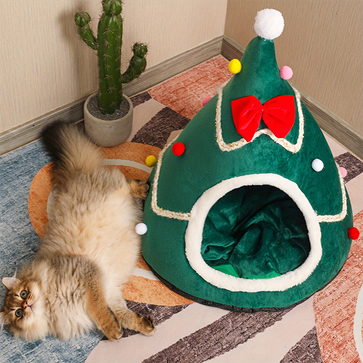 Christmas Cat Bed, Christmas Tree Shape Cat Nest With Anti-slip Bottom, Red Bowtie Design Puppy Bed For Christmas Gift For Pets