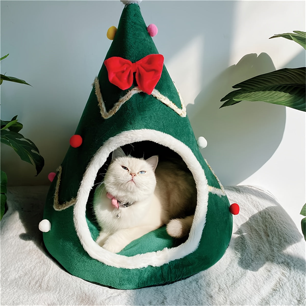 Christmas Cat Bed, Christmas Tree Shape Cat Nest With Anti-slip Bottom, Red Bowtie Design Puppy Bed For Christmas Gift For Pets