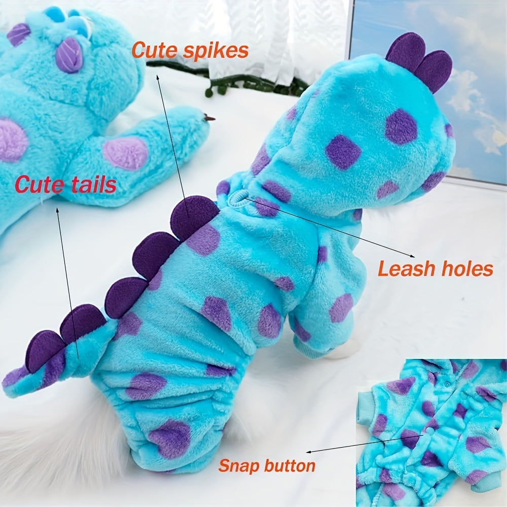 Pet Costume, Dinosaur Tail & Wing Halloween Outfit, Cats Blue Plush Cozy Hoodie with Purple Polka Dots, Snaps & Leash Holes, Hand Wash Only, Polyester, for Small to Medium Pets, Knit Fabric