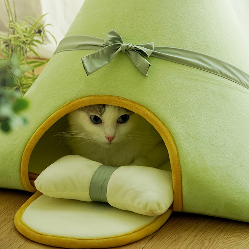 Triangular Cat House Bed with Pillow, Soft Polyester Fiber Pet Tent for Cats and Small Dogs, Non-Assembled Cozy Cat Cave Bed with Cushion - Comfortable Enclosed Sleeping Mat for Pets