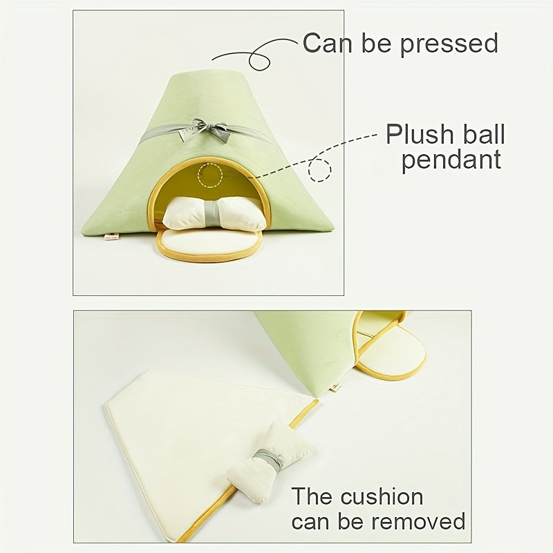 Triangular Cat House Bed with Pillow, Soft Polyester Fiber Pet Tent for Cats and Small Dogs, Non-Assembled Cozy Cat Cave Bed with Cushion - Comfortable Enclosed Sleeping Mat for Pets