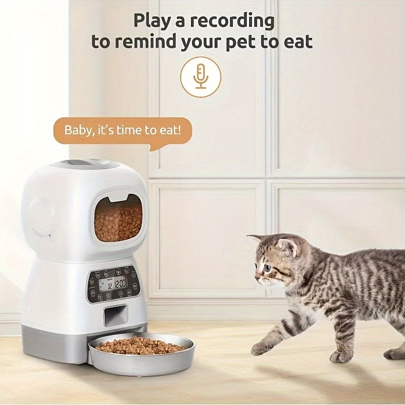 3.5L smart pet feeder, pet food dispenser button type, can feed 1-4 meals a day, has 10 seconds of voice recording, and develops healthy eating habits for pets