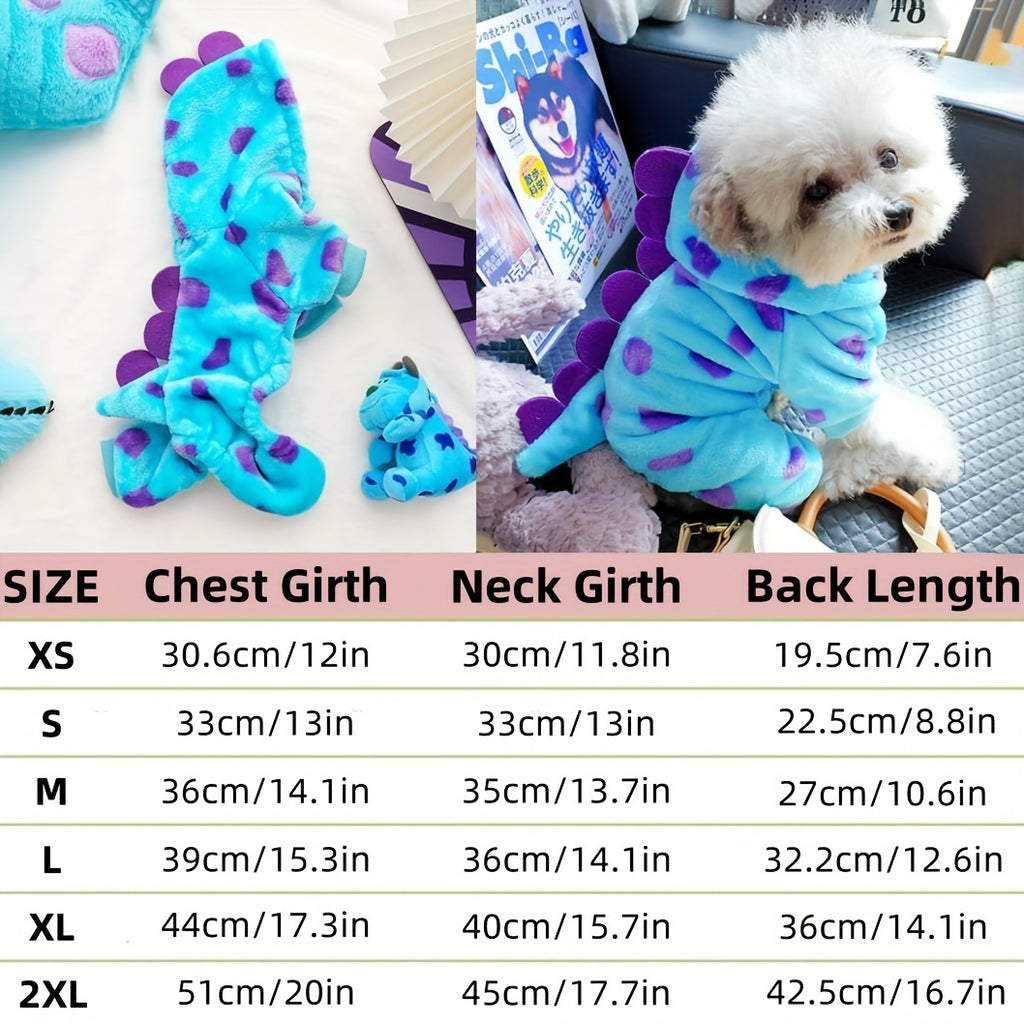 Pet Costume, Dinosaur Tail & Wing Halloween Outfit, Cats Blue Plush Cozy Hoodie with Purple Polka Dots, Snaps & Leash Holes, Hand Wash Only, Polyester, for Small to Medium Pets, Knit Fabric