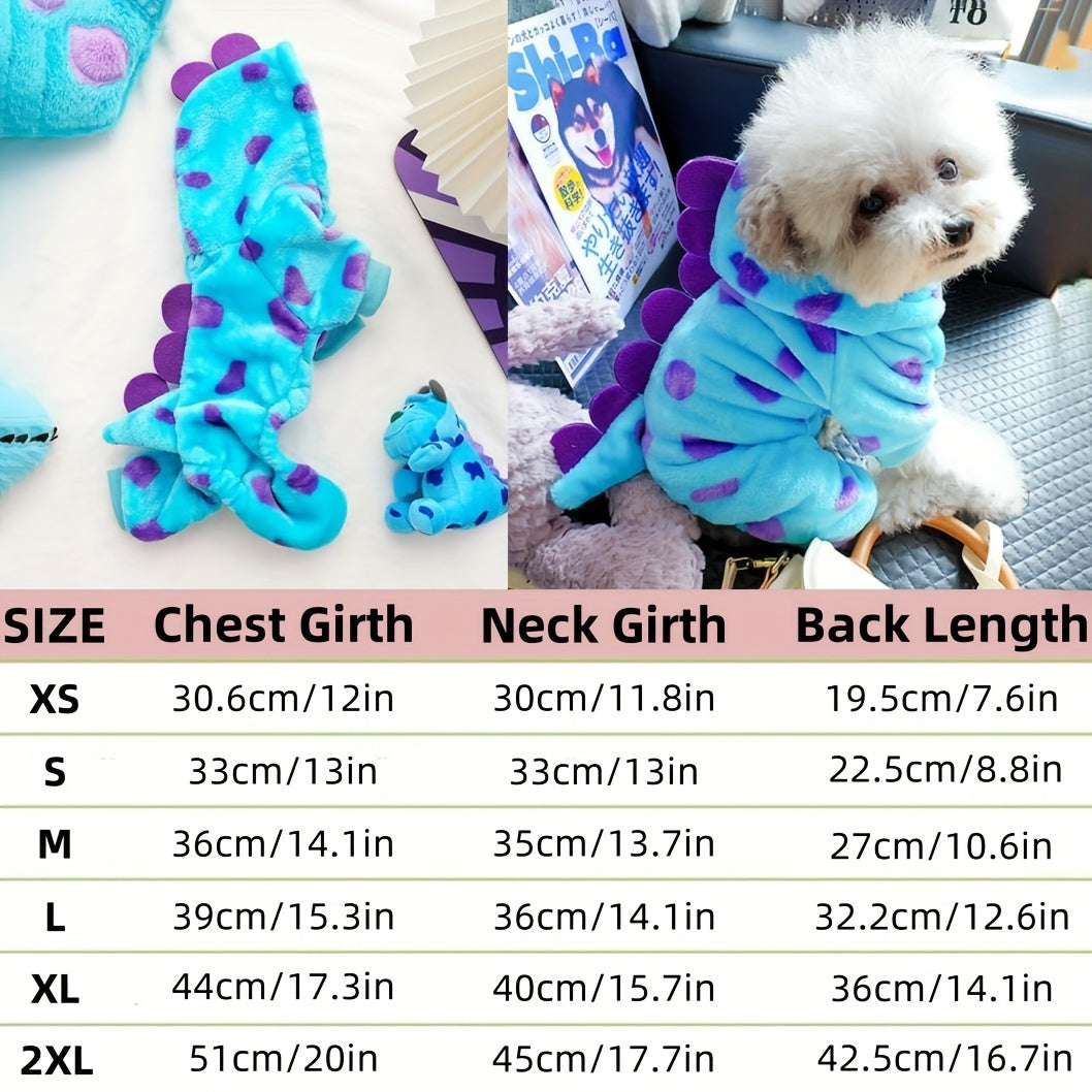Pet Costume, Dinosaur Tail & Wing Halloween Outfit, Cats Blue Plush Cozy Hoodie with Purple Polka Dots, Snaps & Leash Holes, Hand Wash Only, Polyester, for Small to Medium Pets, Knit Fabric